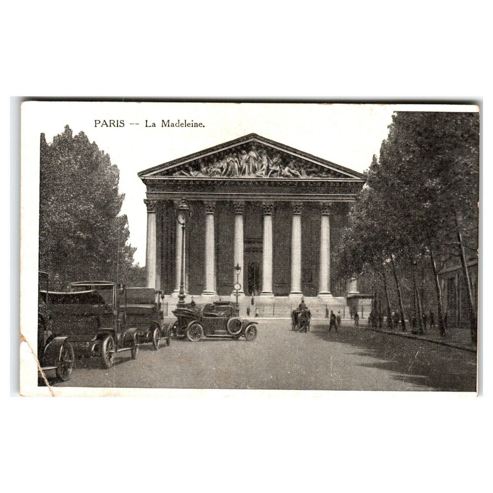 Vintage La Madeleine Paris Postcard Early Auto Horse Carriage France Rppc